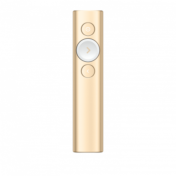 Презентер Logitech Spotlight Gold (золотистый, Bluetooth/2.4 GHz, перезаряжаемая литий-полимерная батарея 85мАч, 3D-акселерометр, гироскоп, кабель для зарядки, чехол)